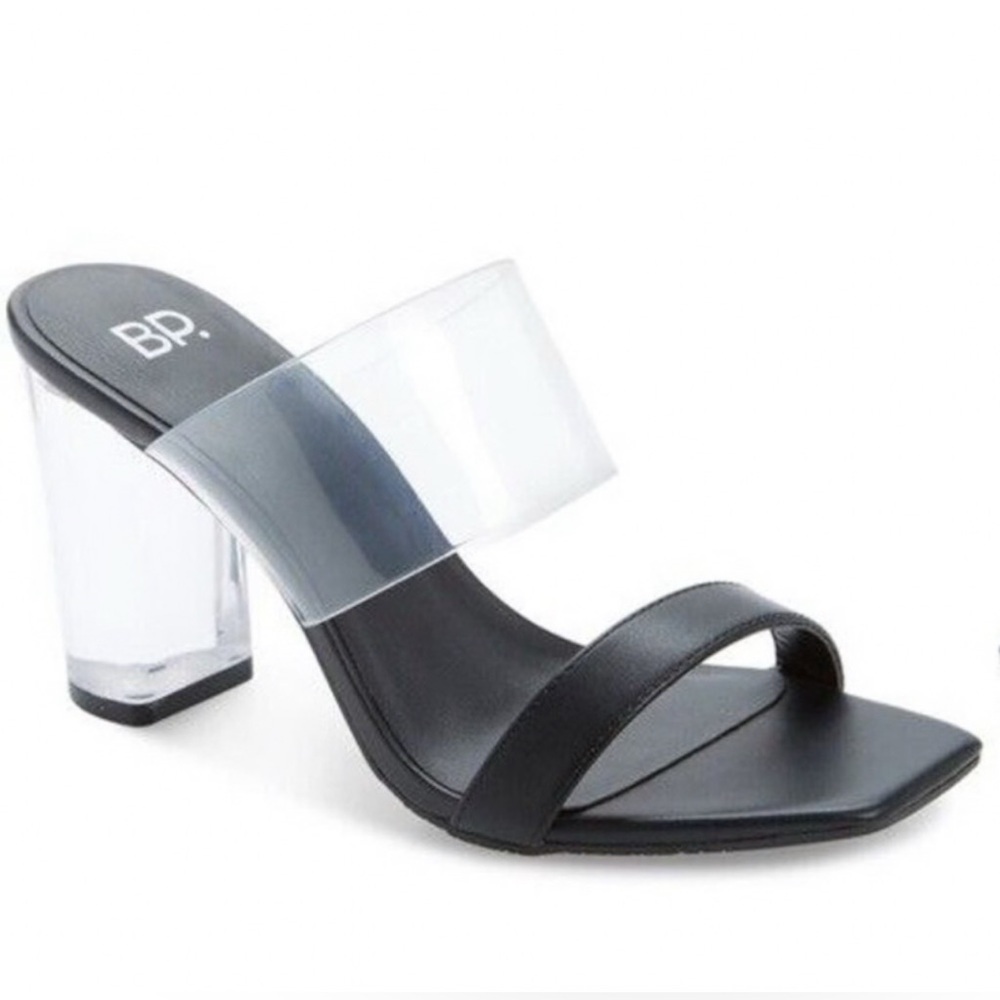 NEW BP. Naomi Heeled Sandal Vegan Leather Black Clear Strap